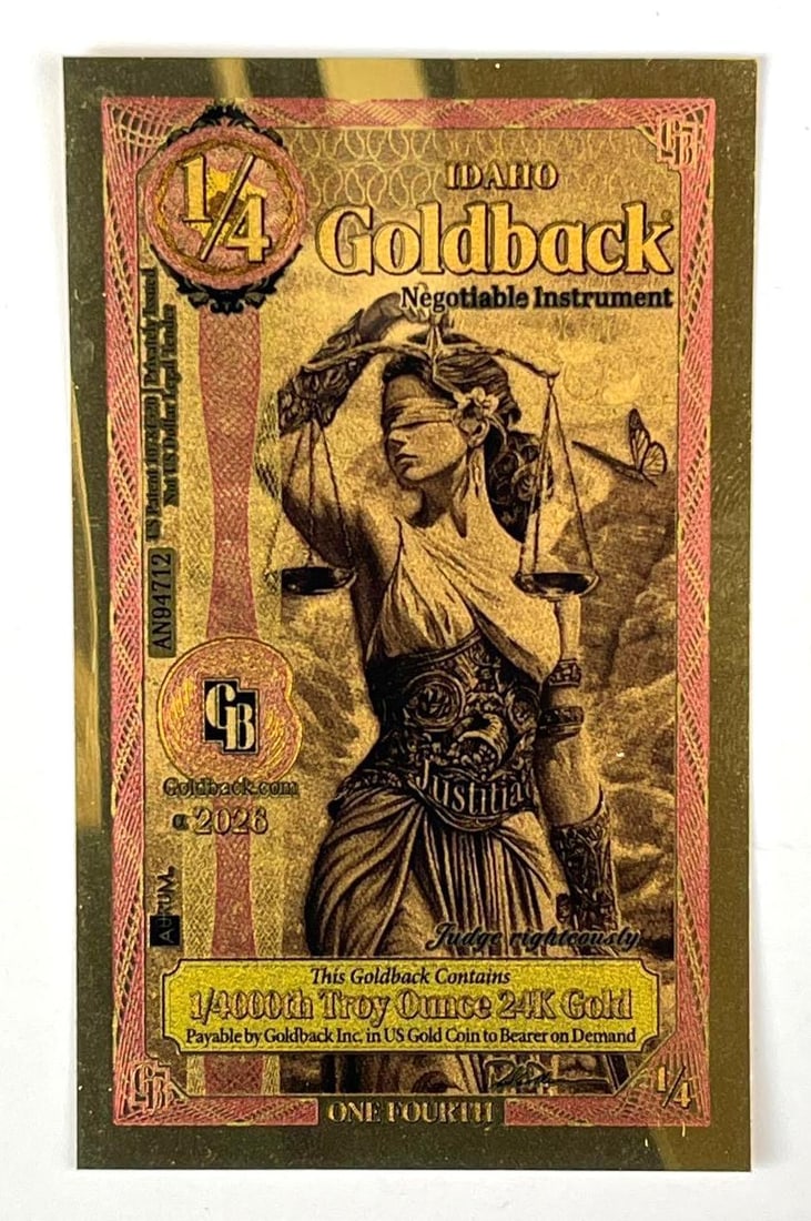2026 AuRum 1/4 Idaho Goldback Judge Righteously 1/4000th oz 24K Gold (1 of 2)