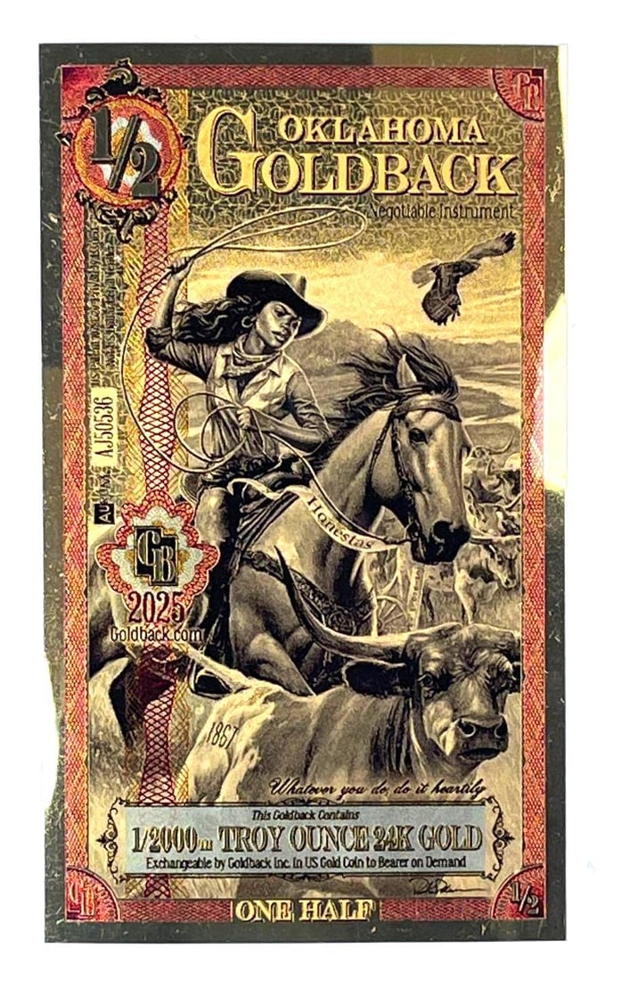 2025 AuRum 1/2 Oklahoma Goldback Honestas 1/2000th oz 24K Gold: 2025 AuRum 1/2 Oklahoma Goldback Honestas 1/2000th oz 24K Gold