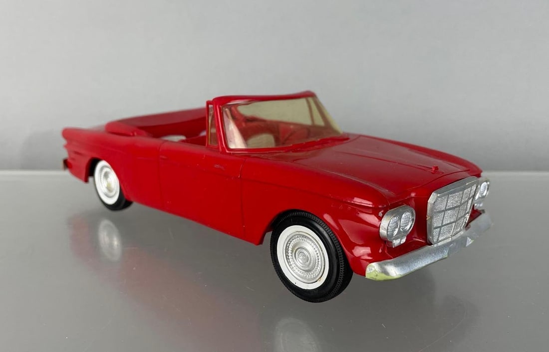 Jo-Han 1962 Studebaker Lark Convertible Dealership Promo Car: Red and white interior, coaster, yellowed windshield, some warp, rubs on fenders