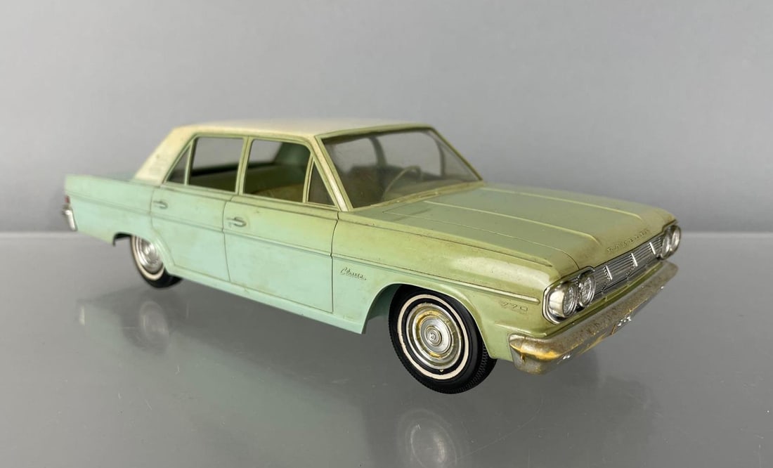 1965 AMC Rambler Classic Sedan Dealership Promo Car: White and light blue, working front friction, discolored