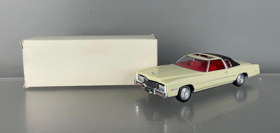 1976 Cadillac El Dorado Phoenician Ivory Dealership Promo Car: Red interior hardtop, coaster, detailed, original box and tissue