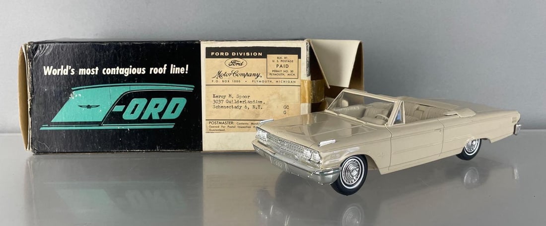 1963 Ford Galaxie 500 XL Convertible Dealership Promo Car: Beige coaster, scuffed windshield, includes insert and original box