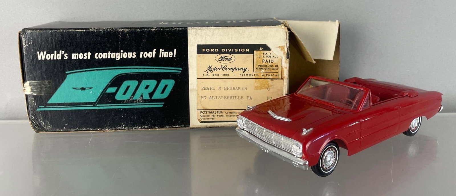 1963 Ford Falcon Futura Convertible Dealership Promo Car: Red coaster, light scuffs, original mailer box