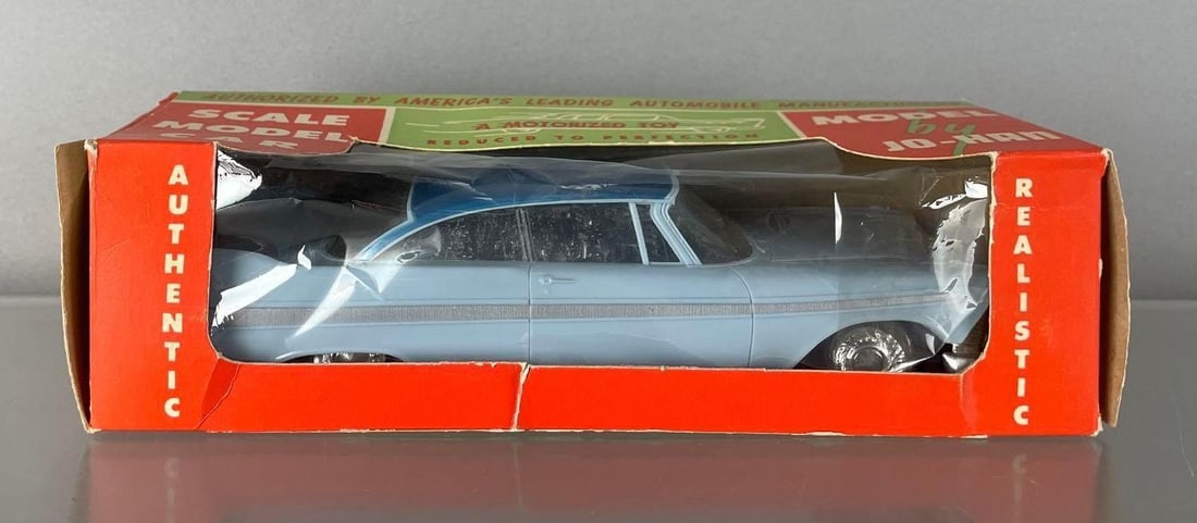 1958 Plymouth Belvedere Hardtop Dealership Promo Car: Two tone blue friction, bad wheels, crackled windows, original box