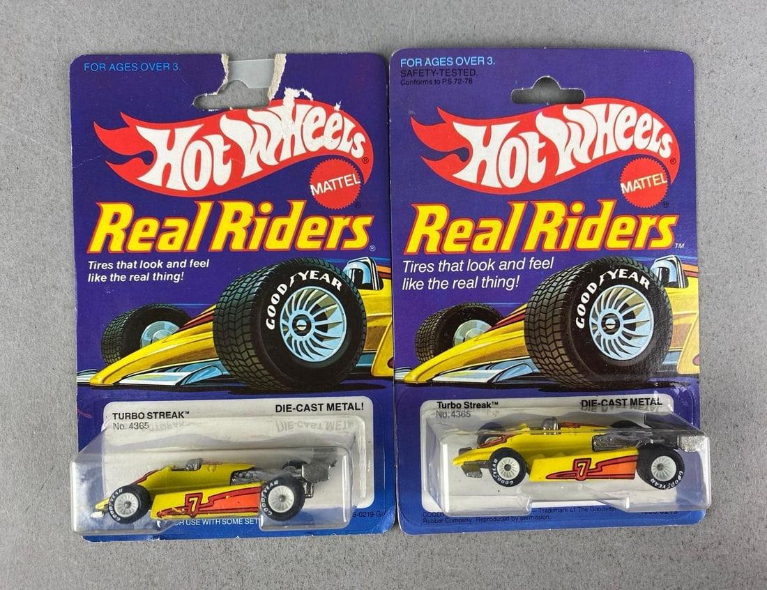 Group of 2 1982 Mattel Hot Wheels Real Riders Turbo Streak: Die-cast, sealed, shelf wear shown, one cardstock torn,