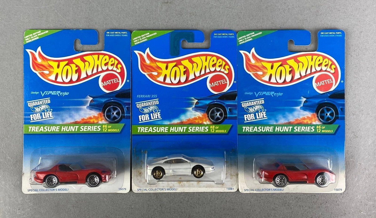 Group of 3 1995 Mattel Hot Wheels Treasure Hunt Cars: Die-cast, sealed, Includes 2 Dodge Viper RT/10 and Ferrari 355