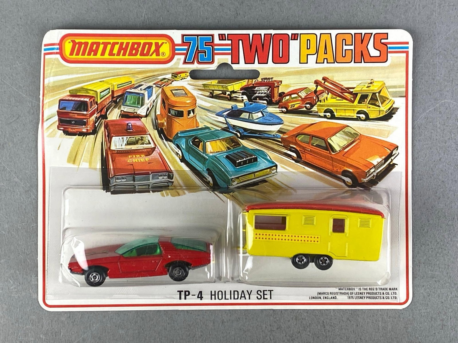 1975 Matchbox 75 Two Packs Holiday Set: Sealed, die-cast, crease on cardstock