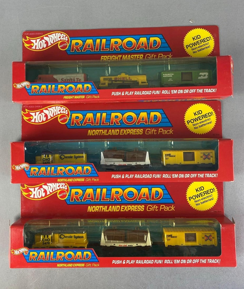 Group of 3 1983 Mattel Hot Wheels Railroad Gift Packs: in original boxes, opened, includes northland express and freight master