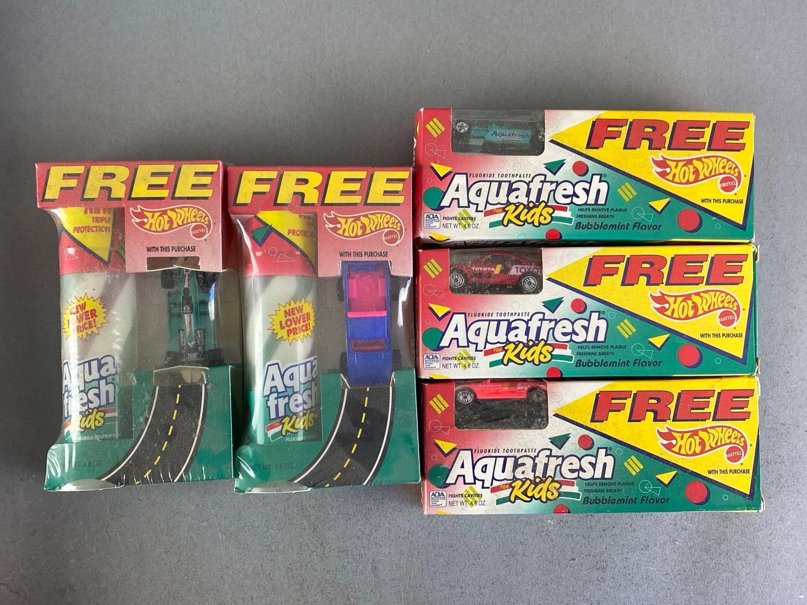 Group of 1993 Mattel Hot Wheels Aquafresh Toothpaste Packs: Sealed, die-cast, bubblemint flavor