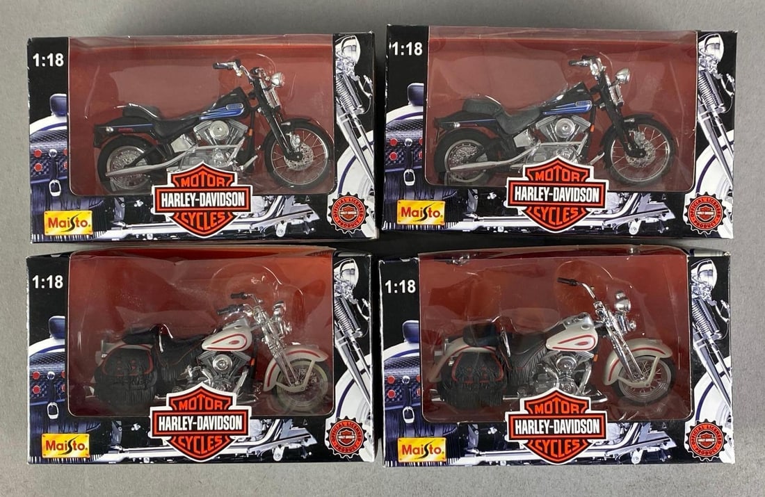 Group of 4 1997 Maisto Harley-Davison Motorcycles: Sealed, 1/18 scale