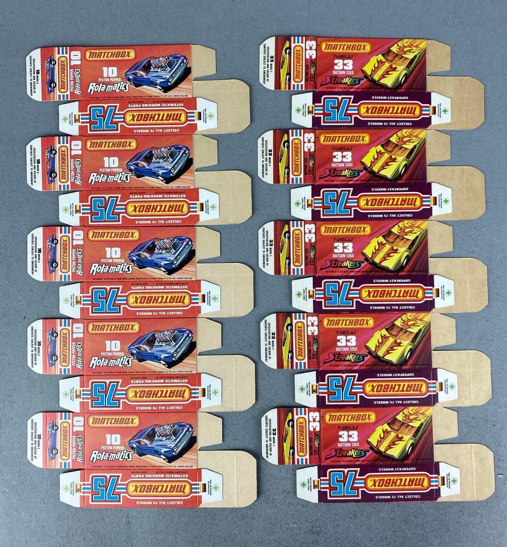 Group of Lesney Matchbox J Type Boxes: Includes Datsun 126X and piston popper