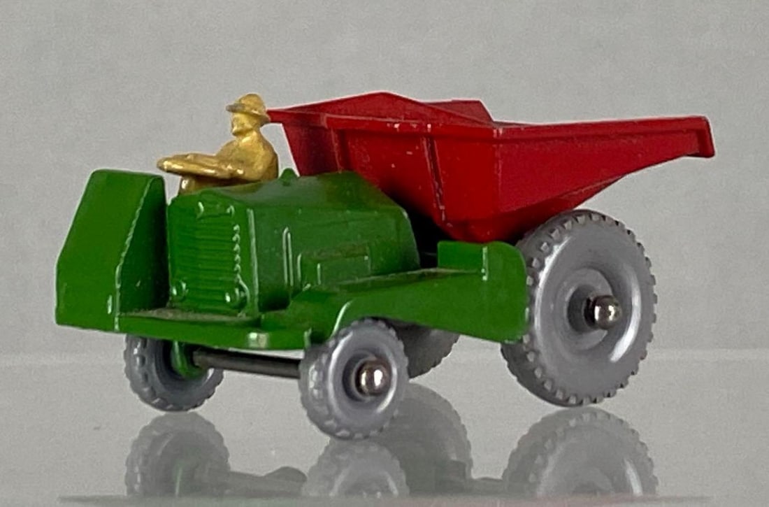 Matchbox No. 2 Muir Hill Site Dumper: A Lesney product, die-cast, green body, green base, no windows, gray plastic wheels, made in England