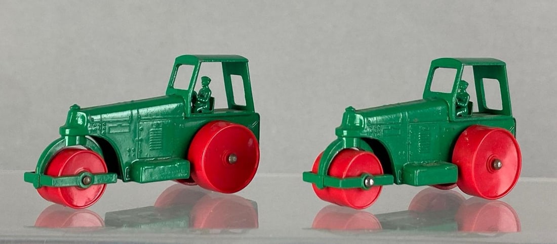 Group of 2 Matchbox No. 1 Aveling Barford Road Roller: A Lesney product, die-cast, green body, green base, no windows, red metal wheels, made in England