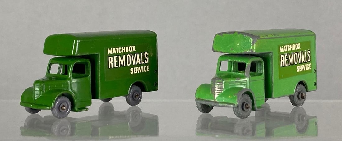 Group of 2 Matchbox No. 17 Match Box Removal Service Trucks: A Lesney product, die-cast, green body, green base, no windows, Gray metal wheels, made in England