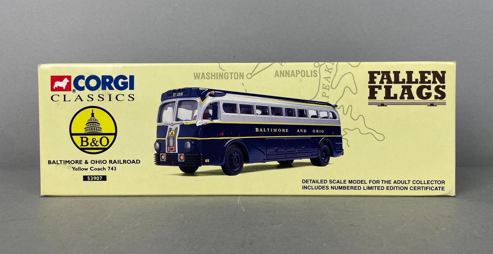 Corgi Classics Baltimore and Ohio Railroad Die-Cast Coach Bus: Yellow coach 743