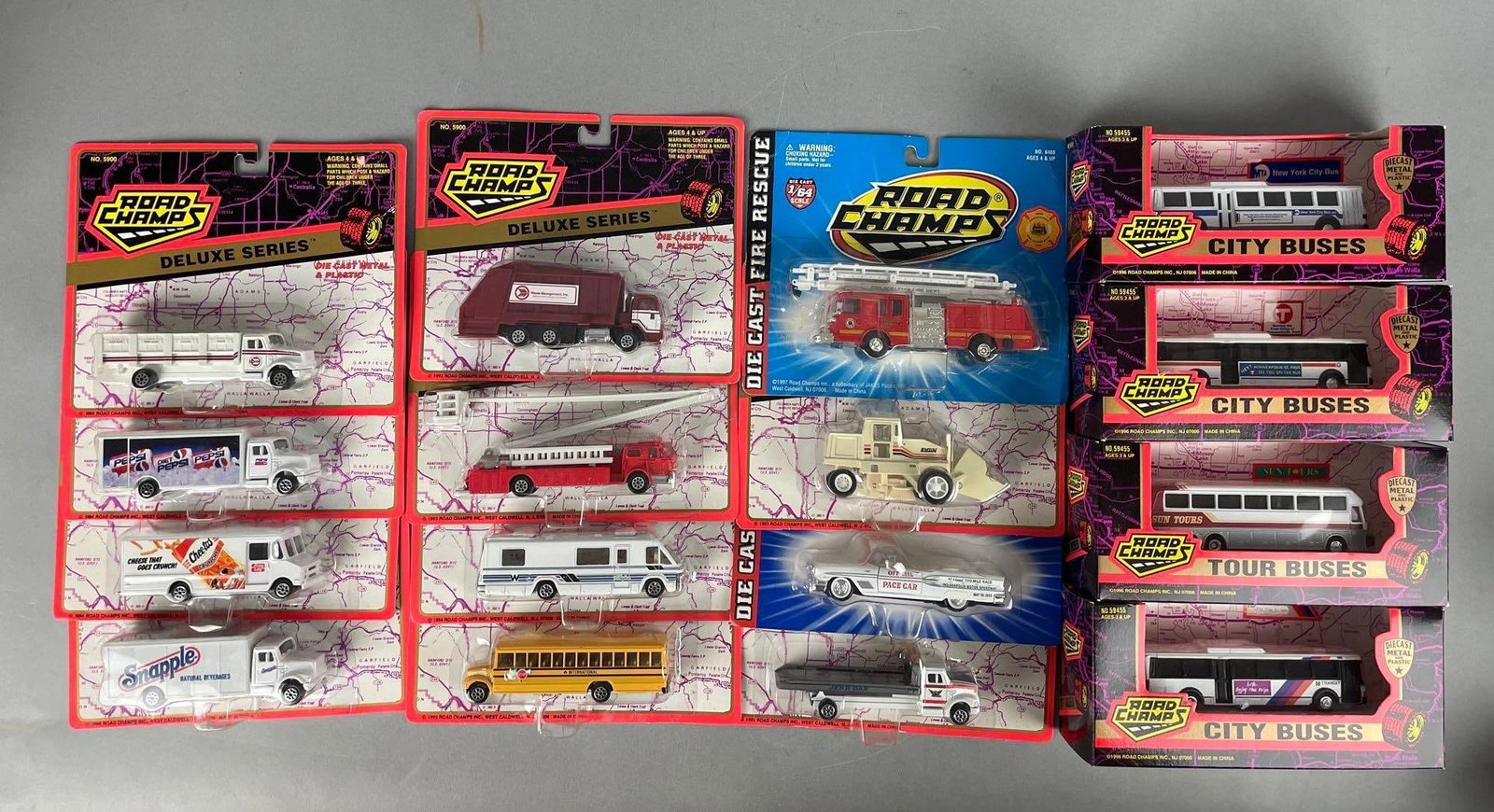 Group of Road Champs Die-Cast Vehicles: Includes deluxe series, buses