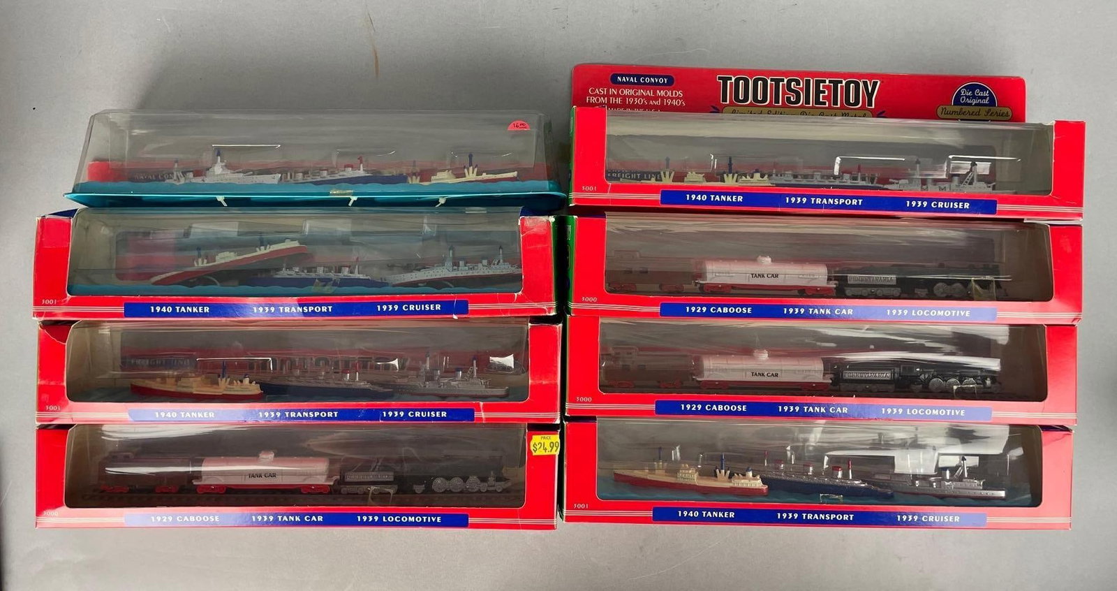 Group of LE TootsieToy Die-Cast Vehicle Sets: Includes naval convoy, freight line, packaging measures 16 1/2" long