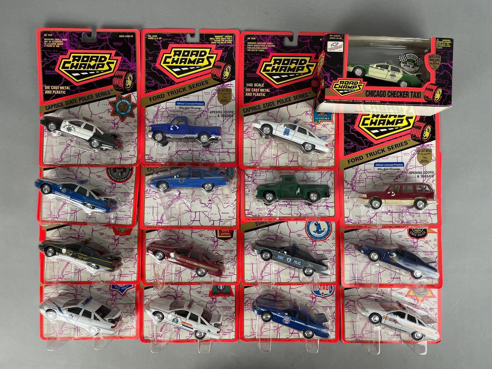 Group of Road Champs Die-Cast Vehicles: New York State police blister unglued, 1/43 scale