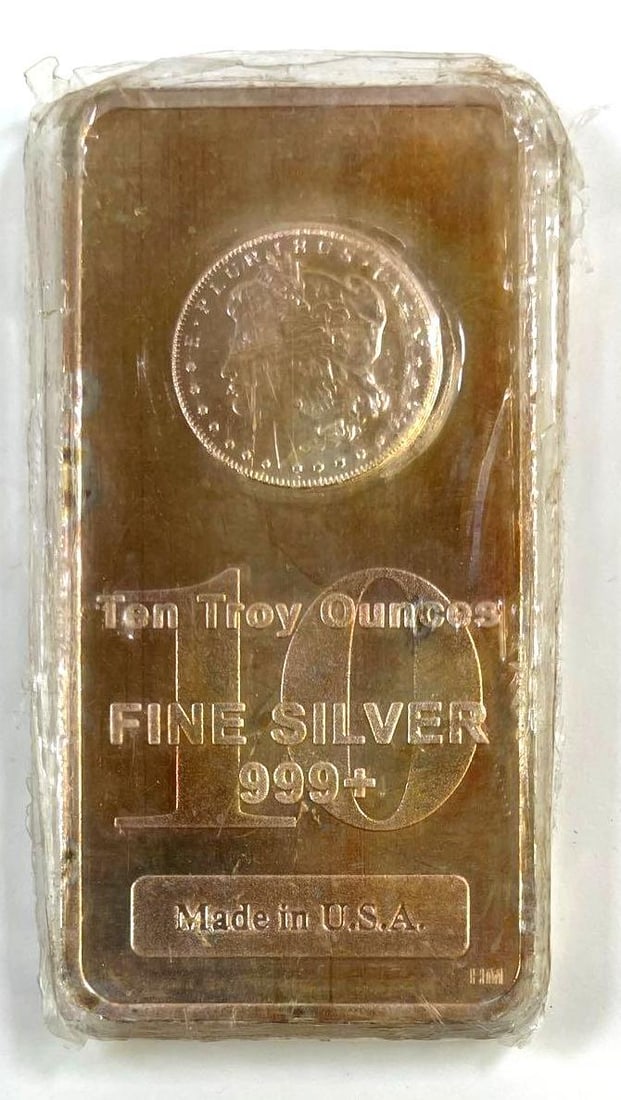 10 oz Toned .999+ Silver Bar: 10 troy ounce .999+ fine silver bar with toning.