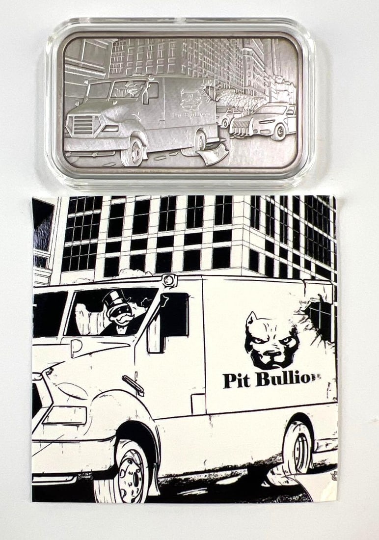 Pit Bullion 1 oz .999 Fine Silver Armored Truck Heists Bar Antique with COA: Includes Certificate of Authenticity (COA). Mintage of 100.