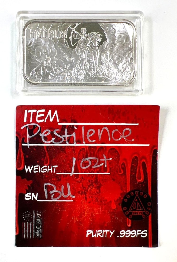 Locker Mint 1 oz .999 Fine Silver Pestilence Bar with COA: Includes COA card.