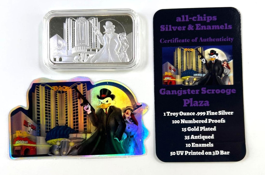 all-chips 1 oz .999 Fine Silver Gangster Scrooge Plaza 3D UV Printed Bar Proof with COA: Includes Certificate of Authenticity (COA). Mintage of 50 UV printed 3D bars (from a total of 100 proofs).