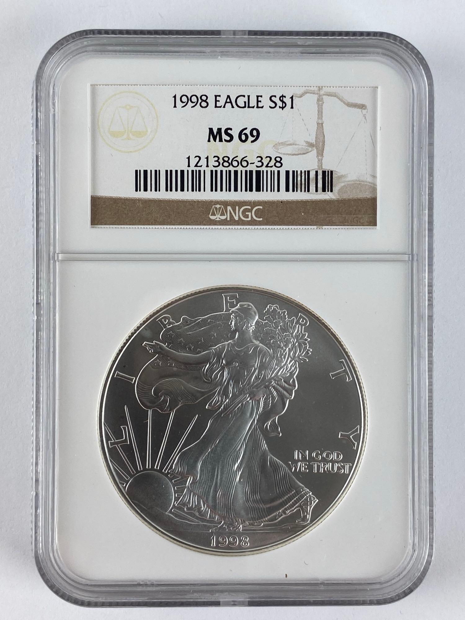 1998 NGC Graded MS 69 US Mint American Silver Eagle 1 oz Fine Silver Dollar: 1998 NGC Graded MS 69 US Mint American Silver Eagle 1 oz Fine Silver Dollar