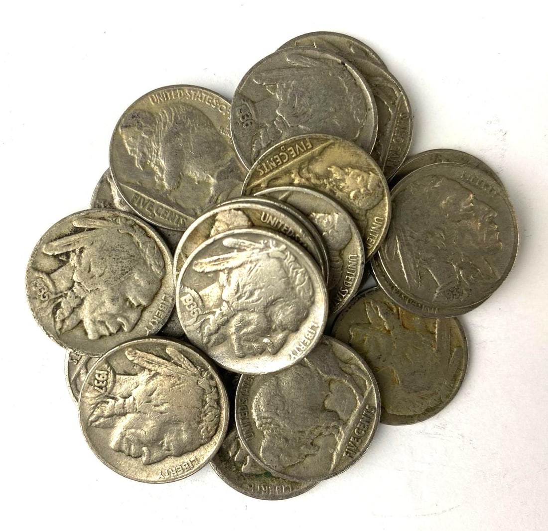 Group of 20 Buffalo Nickels: Includes years 1936, 1937, 1935 and more.