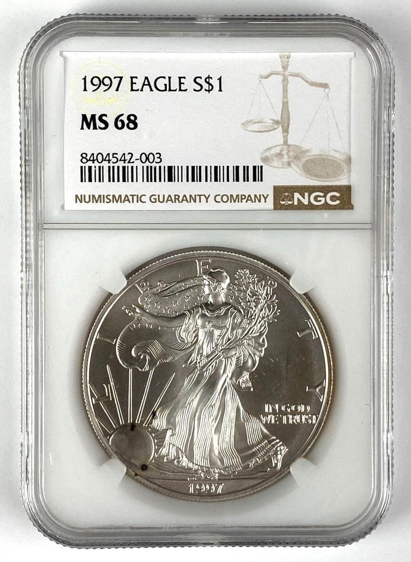 1997 US Mint $1 American Silver Eagle 1 oz .999 Fine Silver NGC Graded MS68: 1997 US Mint $1 American Silver Eagle 1 oz .999 Fine Silver NGC Graded MS68