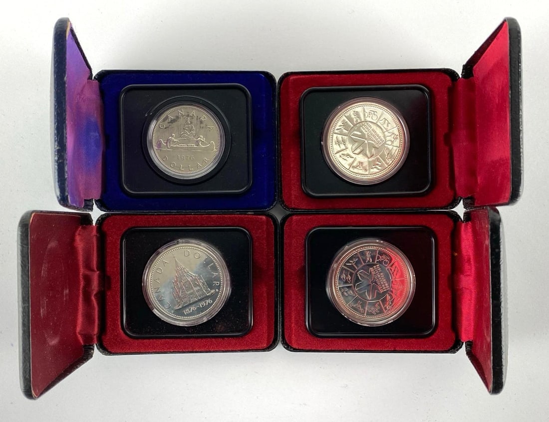 Group of 4 Assorted Royal Canadian Mint Commemorative 50% Silver Proof Dollars: Includes 1976 and 1978.