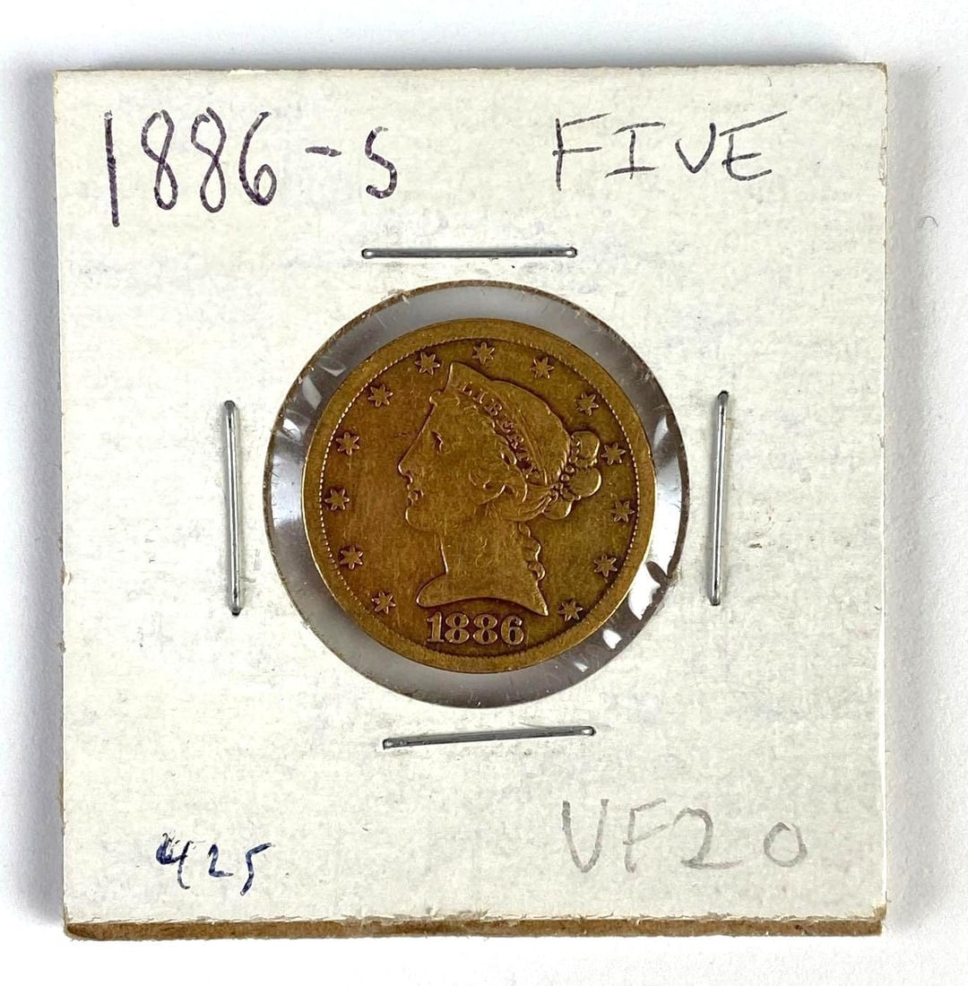 1886-S US $5 Liberty Head Gold Coin: 1886-S US $5 Liberty Head Gold Coin