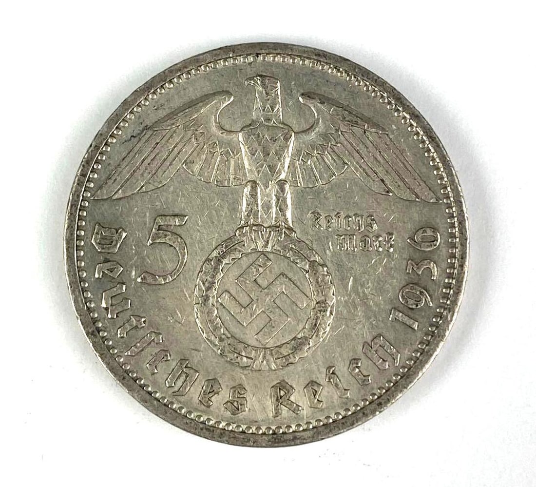 1936 WW2 German Paul von Hindenburg 5 Reichsmark Silver Coin: 1936 WW2 German Paul von Hindenburg 5 Reichsmark Silver Coin
