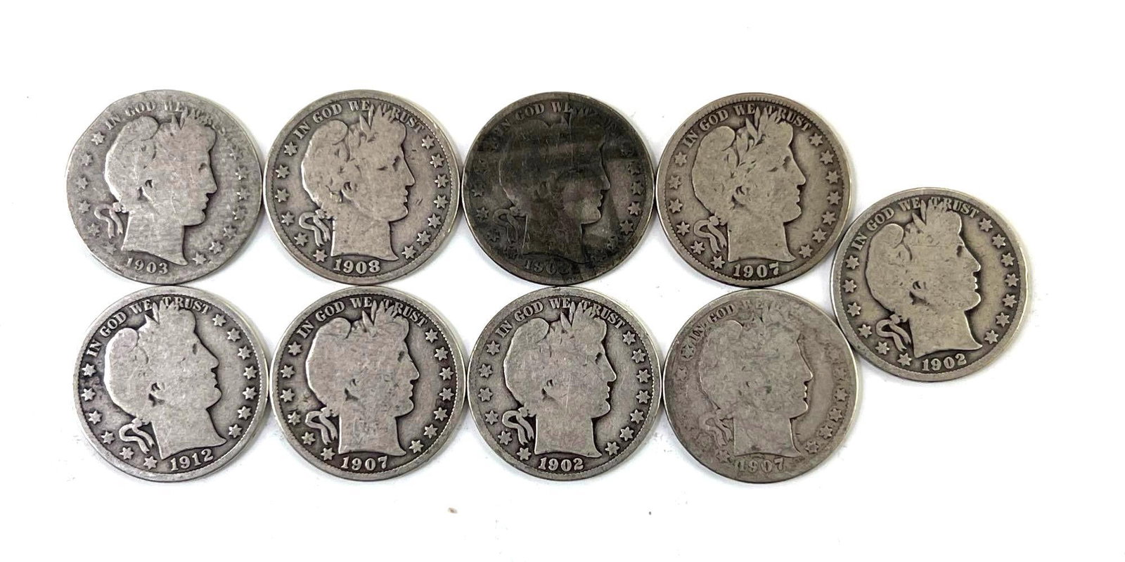 Group of 9 US Barber Silver Quarters: Various dates