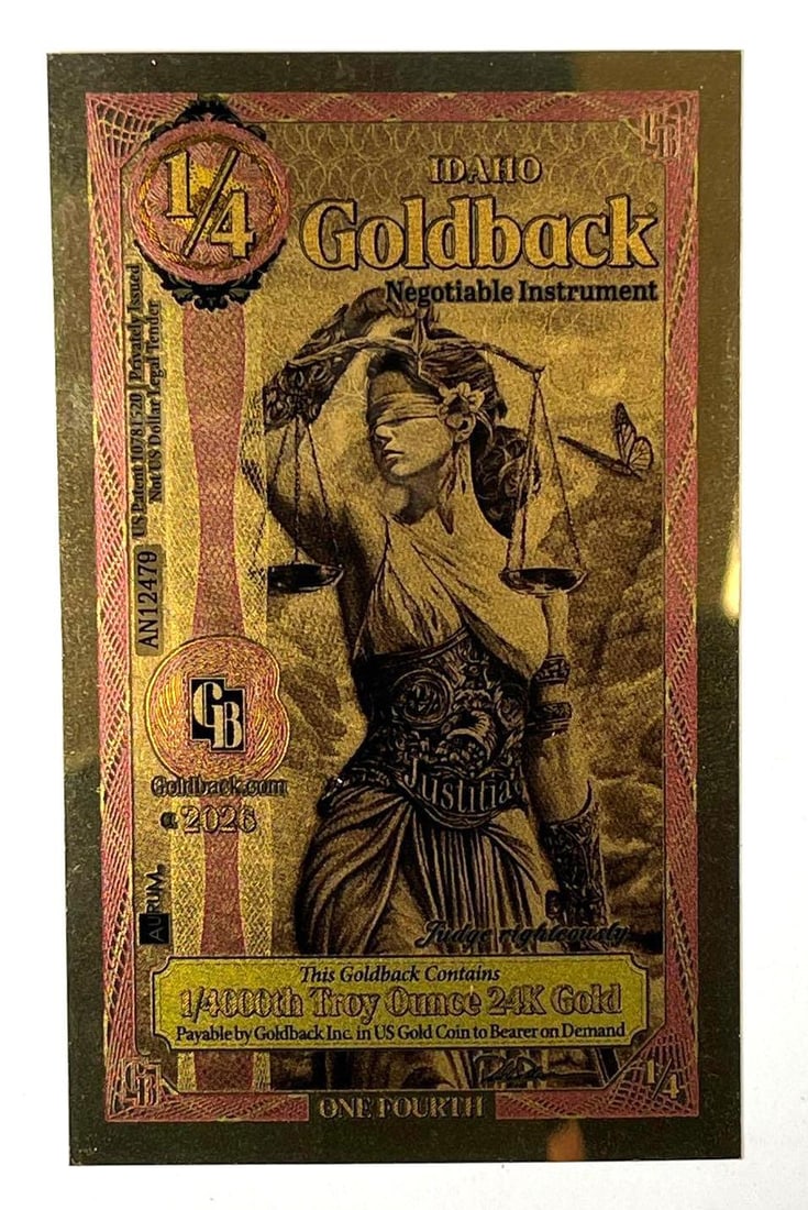 2026 AuRum 1/4 Idaho Goldback Judge Righteously 1/4000th oz 24K Gold: 2026 AuRum 1/4 Idaho Goldback Judge Righteously 1/4000th oz 24K Gold