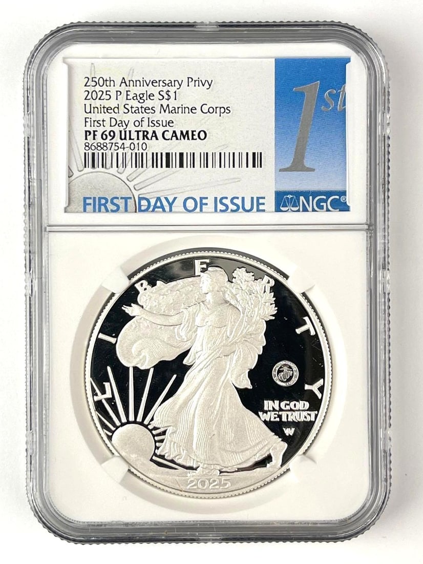 2025 P US Marine Corp $1 American Silver Eagle with 250th Anniversary Privy 1 oz .999 oz Silver NGC: First Day of Issue