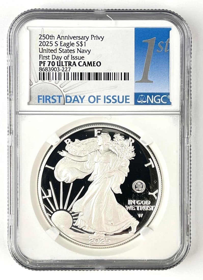 2025 S US Navy $1 American Silver Eagle with 250th Anniversary Privy 1 oz .999 oz Silver NGC PF 69: First Day of Issue