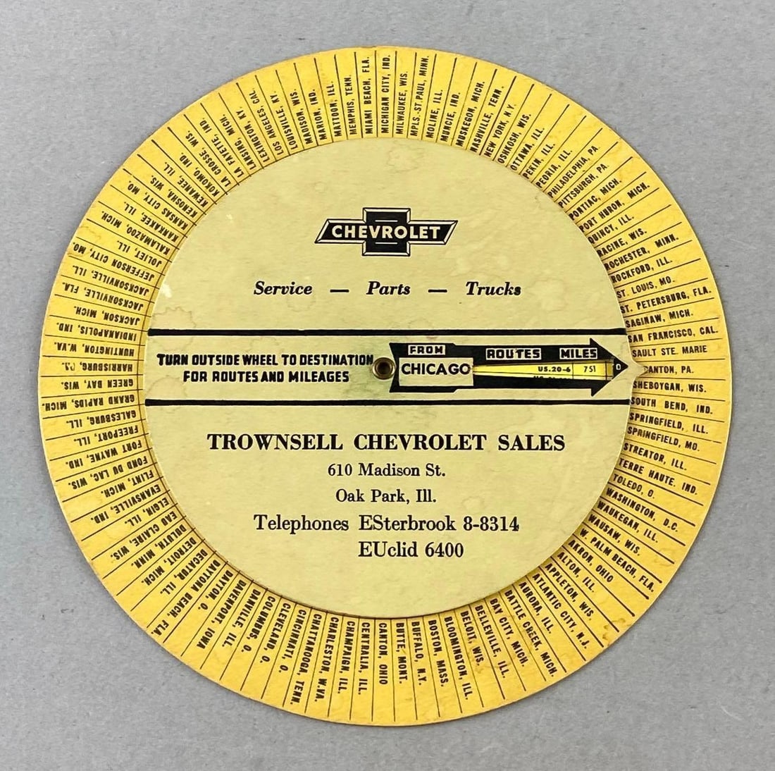 Vintage Trownsell Chevrolet Sales Promotional Mileage Calculator Wheel (1 of 2)