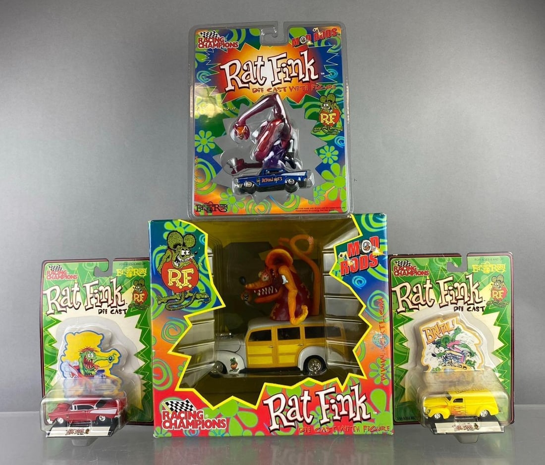 Group of 4 2000 Racing Champions Ed Roth Rat Fink Die cast Vehicles: Like new in original packaging. Largest measures H 9 1/2 x W 6 1/2 x L 10 1/2 inches.