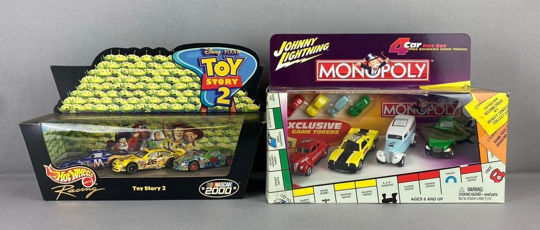 2000 Mattel HotWheels Target Exclusive Disney Pixar Toy Story 2 1:64 Scale Die Cast Vehicles and: Includes 2002 Johnny Lightning Monopoly 1:64 Die Cast Vehicles Set. Like new in original packaging. Largest measures H 4 1/2 x W 3 1/2 x L 9 1/2 inches.