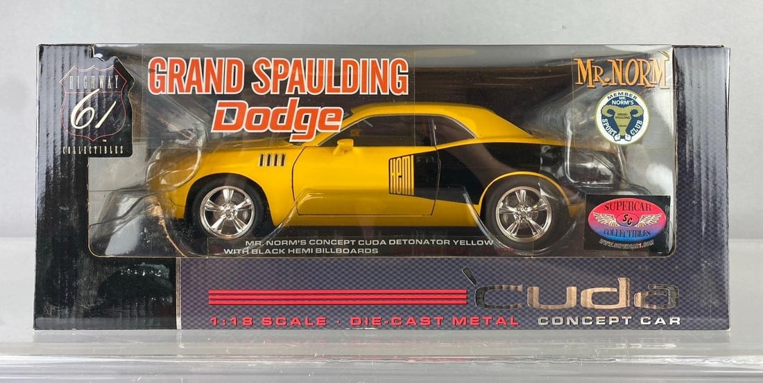 2011 Highway 61 Grand Spaulding Dodge 1:18 Scale Die Cast Vehicle: 2011 Highway 61 Grand Spaulding Dodge 1:18 Scale Die Cast Vehicle, Mr. Norm?s Concept Cuda Detonator Limited edition number 1/300. Measures H 6 x W 6 1/2 x L 14 inches. Like new in original packaging.