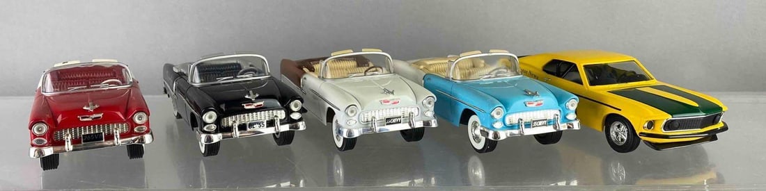 Group of 5 Liberty Classics 1955 Chevy 1:24 Scale Die Cast Vehicle Coin Banks and More: Includes Ertl collectable 1969 Ford Boss 302 Mustang Coin Bank. All have keys.