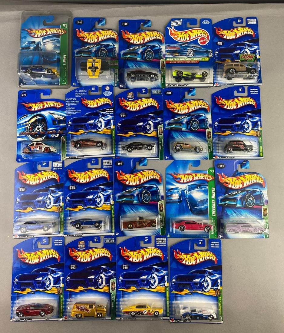 Group of Assorted Mattel HotWheels 1:64 Scale Die Cast Vehicles: Includes Treasure Hunt series and more. Like new in original packaging.