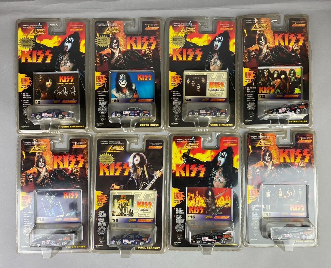 Group of Assorted Johnny Lightning Kiss 1:64 Scale Die Cast Vehicles: Includes Gene Simmons, Petter Criss, and more. Like new in original packaging.