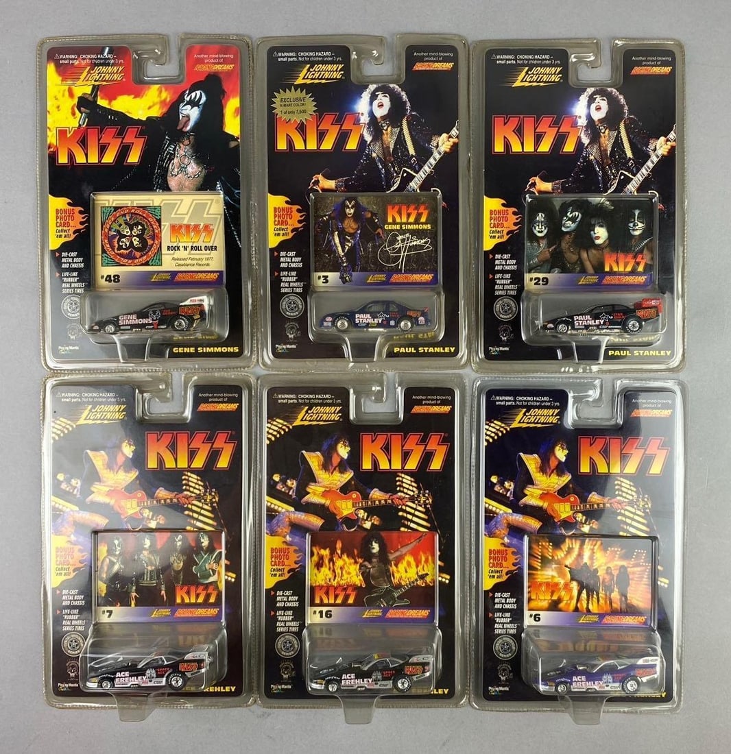Group of Assorted Johnny Lightning Kiss 1:64 Scale Die Cast Vehicles: Includes Gene Simmons, Petter Criss, and more. Like new in original packaging.