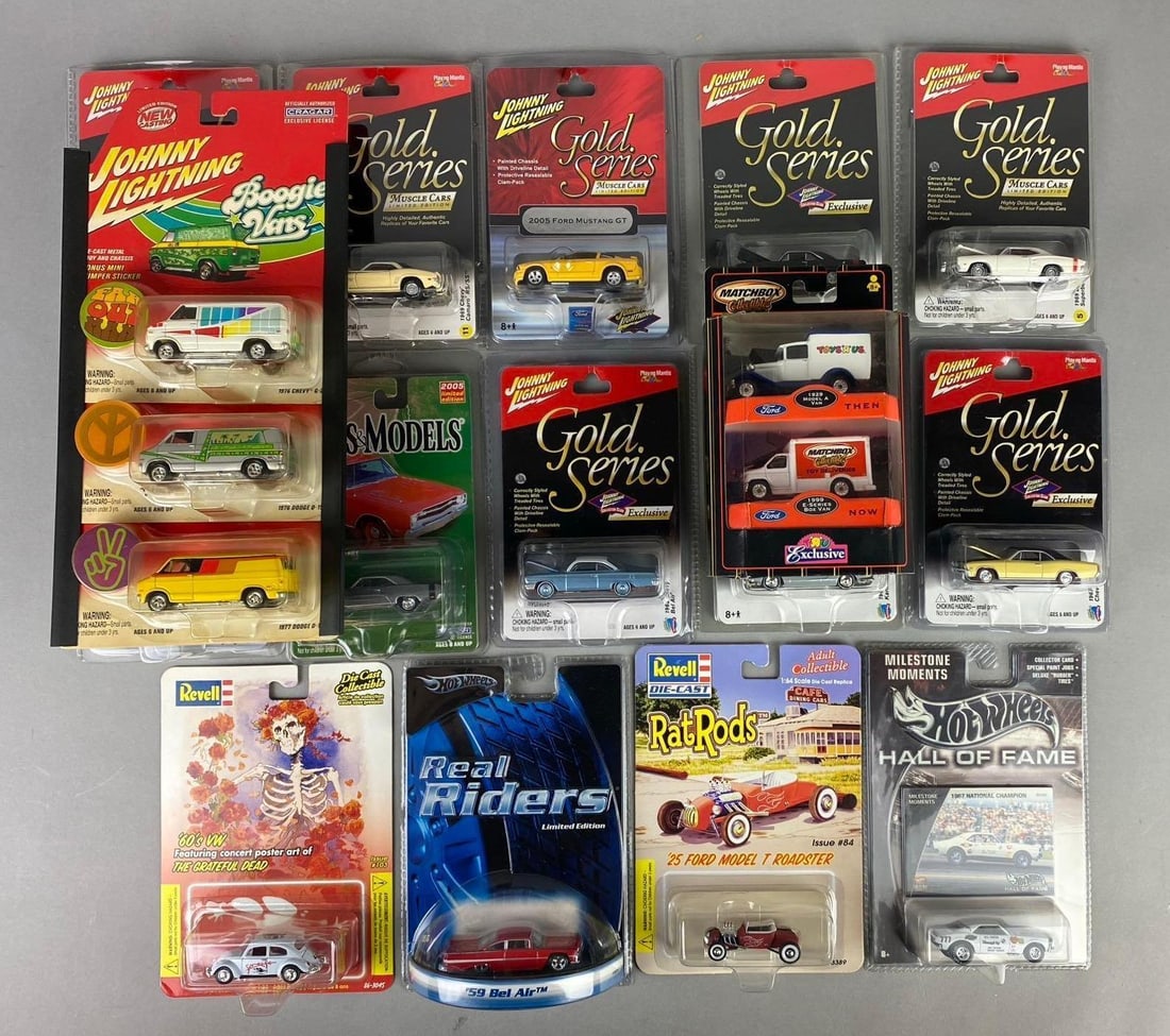 Group of Assorted Johnny Lightning 1:64 Scale Die Cast Vehicles and More: Includes Gold Series, Revell, and more. Like new in original packaging.