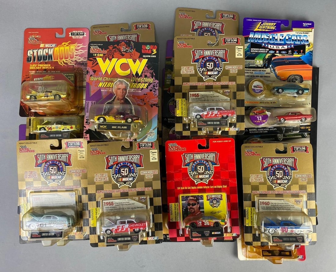 Group of Assorted Racing Champions 50th Anniversary 1:64 Scale Die Cast Vehicles and More: Like new in original packaging