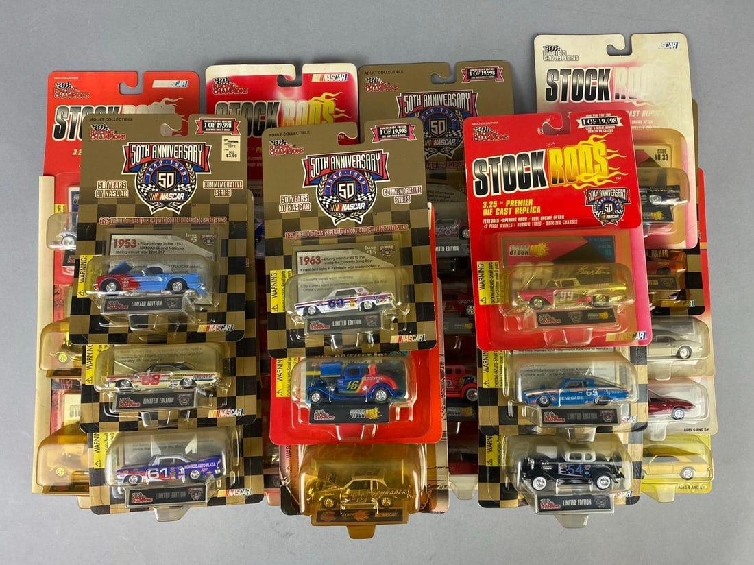 Group of Assorted Racing Champions 50th Anniversary 1:64 Scale Die Cast Vehicles and More: Like new in original packaging.