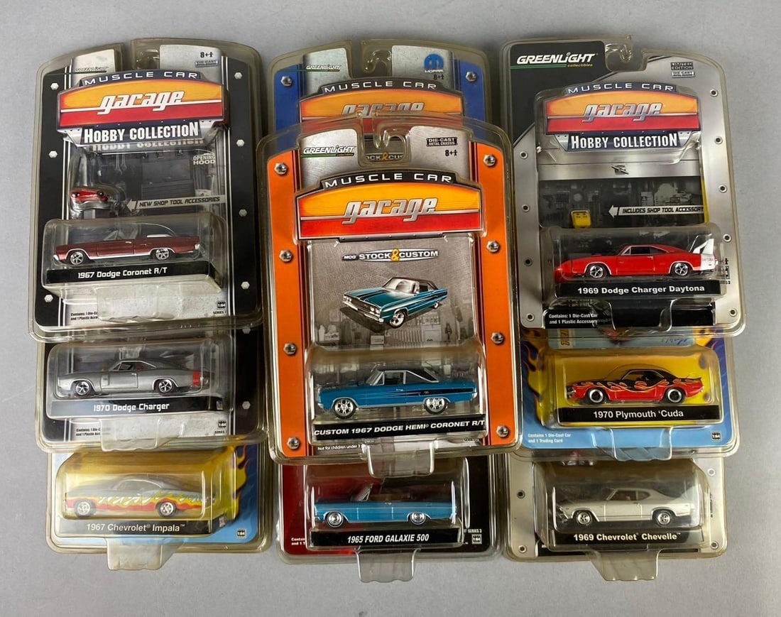Group of Assorted Green Light Muscle Car Garage 1:64 Scale Die Cast Vehicles: Like new in original packaging.