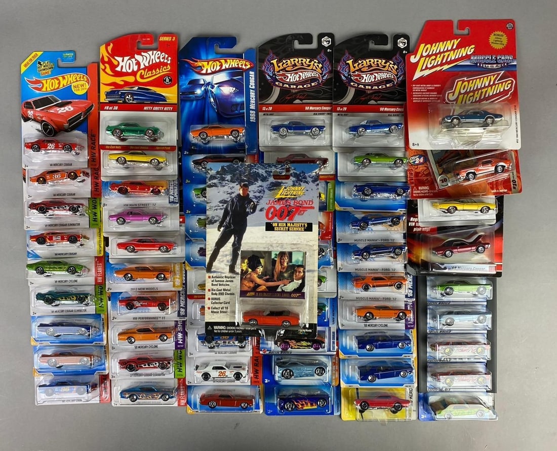 Group of Assorted Mattel HotWheels Mercury Cougar 1:64 Scale Die Cast Vehicles and More: Like new in original packaging
