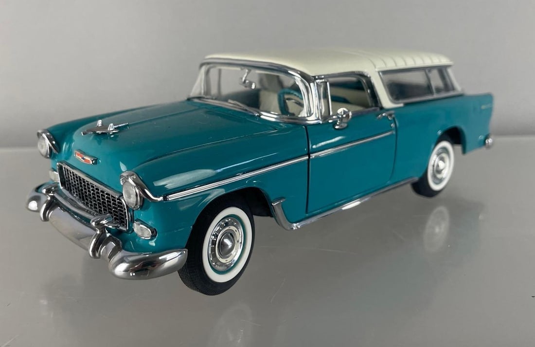 Danbury Mint 1955 Chevy Nomad Die-Cast Car: 1/24 scale, blue with white roof, rear hatch wants to pop open
